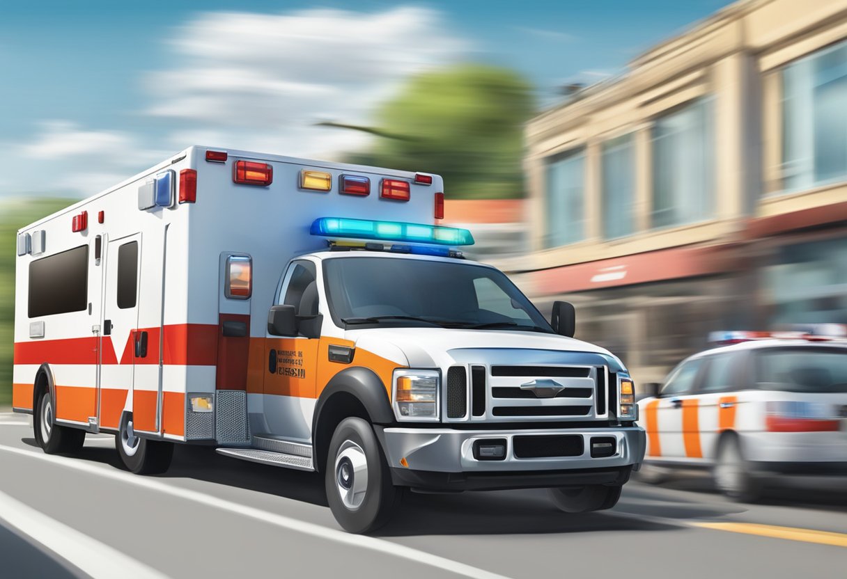 An ambulance speeding past other emergency vehicles on the road