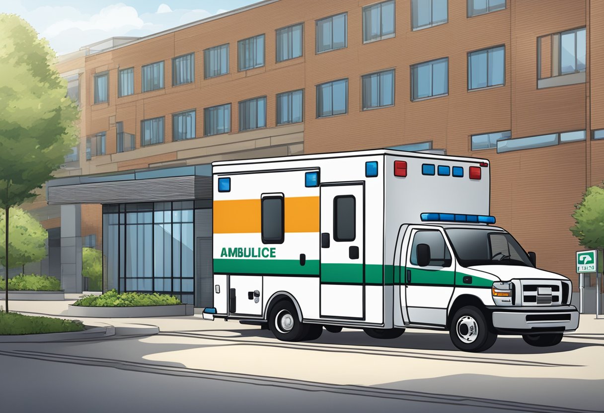 An ambulance parked outside a company building, with a clear sign indicating its presence