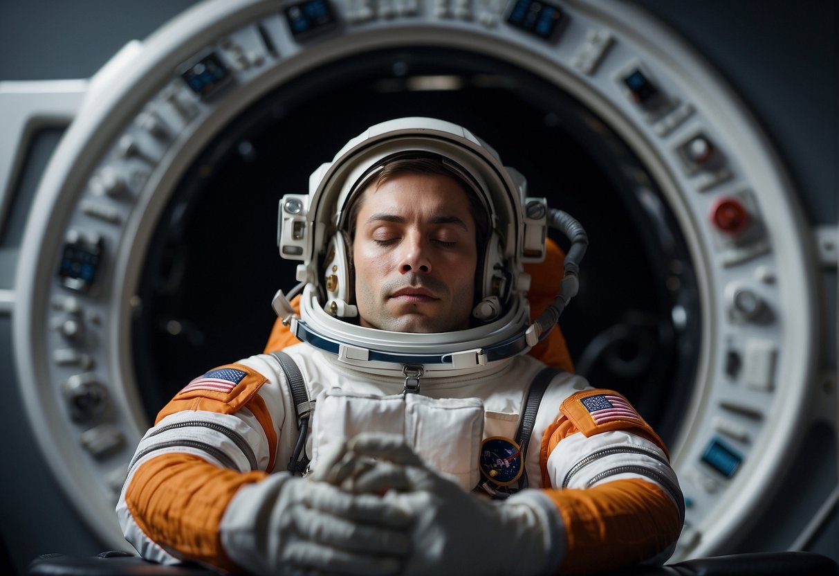Astronaut sleep gear floats in zero gravity, with sleep scheduling charts and management tools nearby