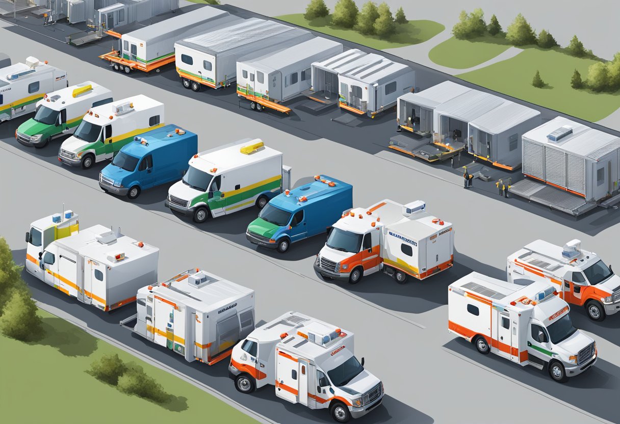 Ambulance fleet logistics: vehicles lined up for deployment at a company facility