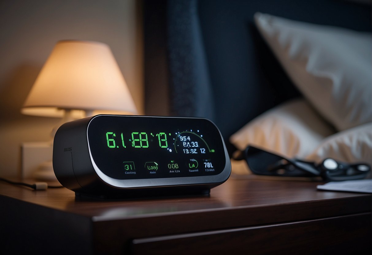 A sleek, futuristic sleep monitoring device sits on a nightstand, with glowing LED indicators and a sleek, streamlined design