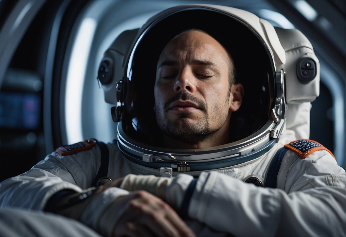Astronaut sleeps in zero gravity, body floats, eyes closed, brainwaves calm, sleep gear surrounds, monitor tracks vital signs