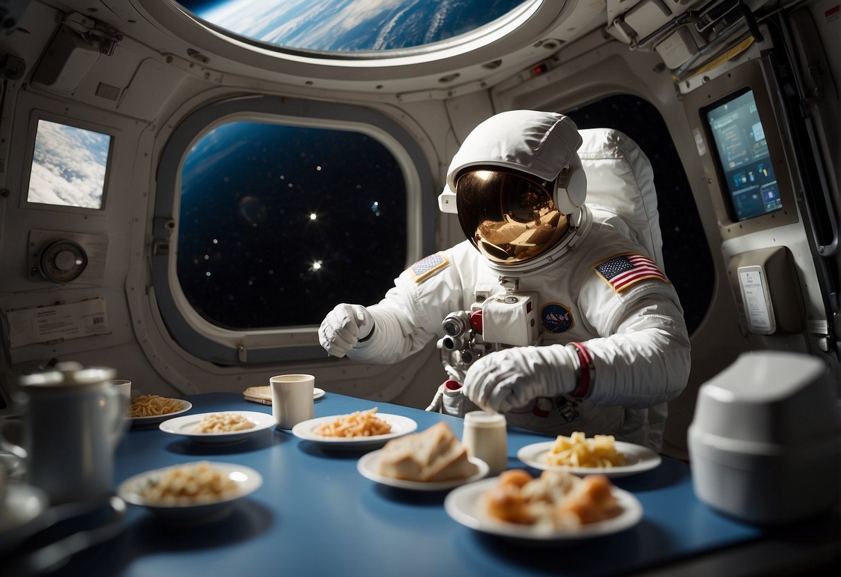 Space Food Astronaut food floating in zero gravity, labeled packets and utensils secured to the table, with Earth visible through the spacecraft window