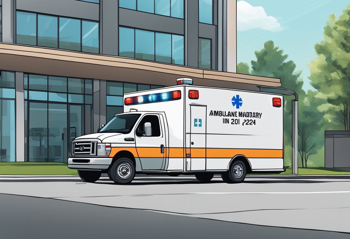 An ambulance parked outside a company, with a sign displaying "Ambulance mandatory in companies by 2024" in the foreground