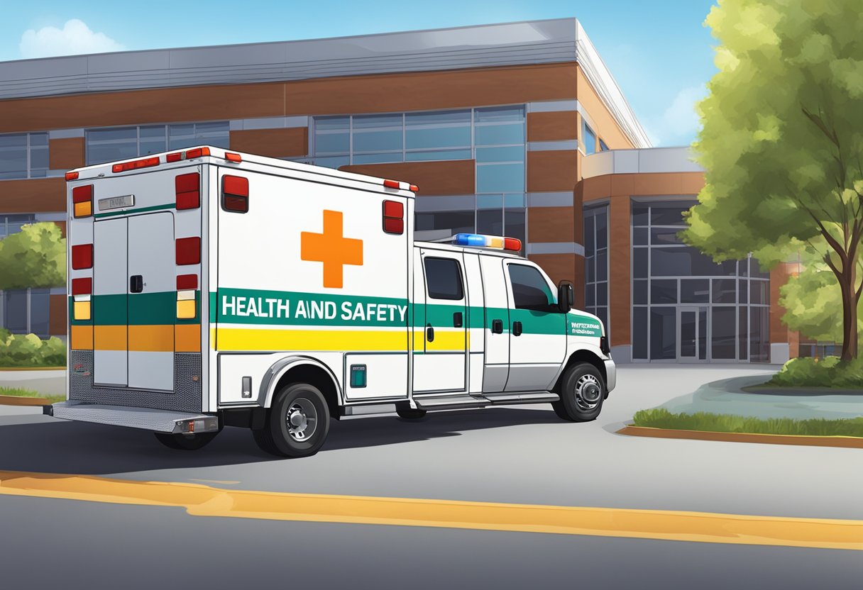 An ambulance parked outside a company building, with a prominent "Health and Safety Administration" sign. Year 2024 is visible on a banner