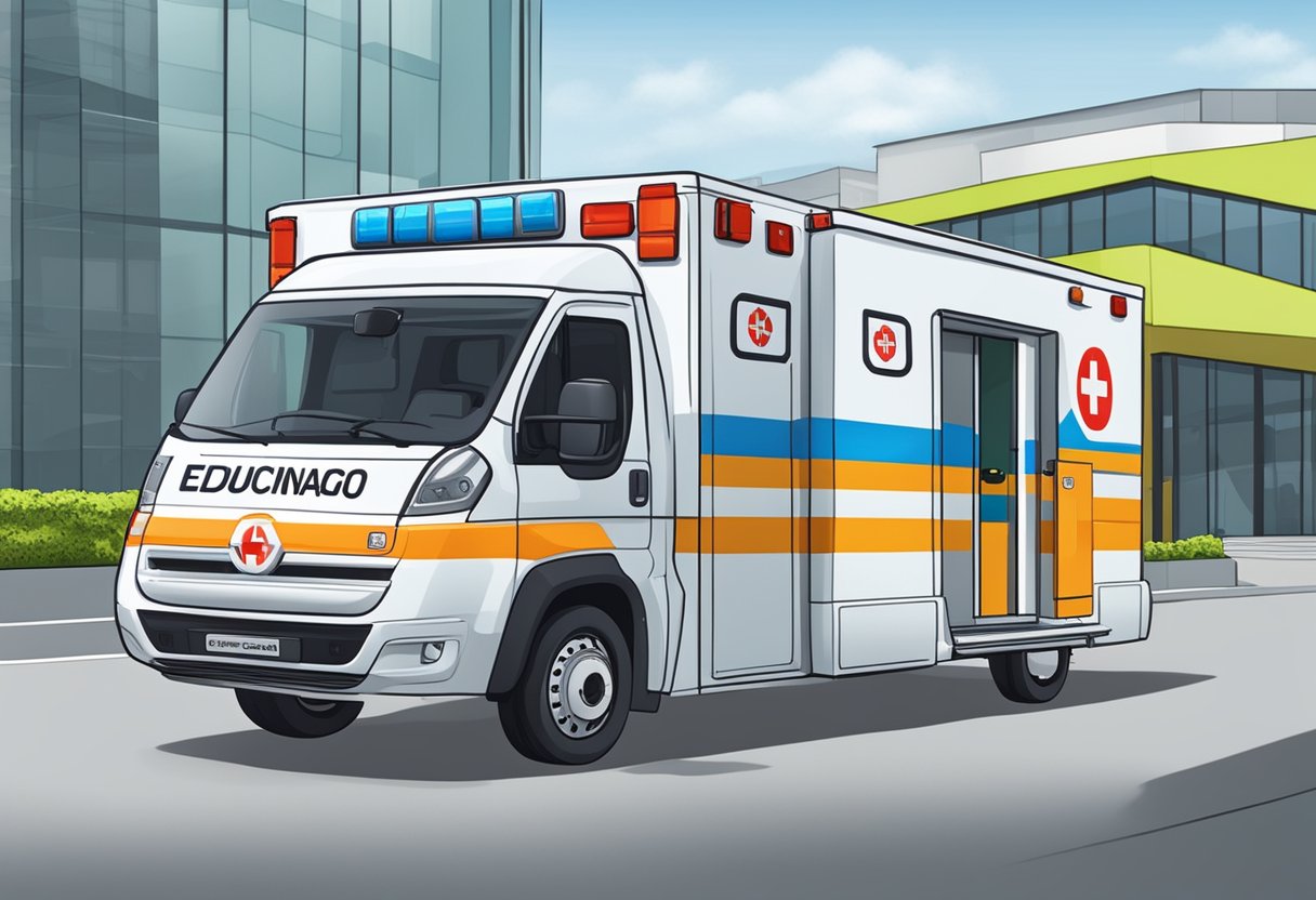 An ambulance with "Comunicação, Educação e Inovação" signage parked outside a company in 2024