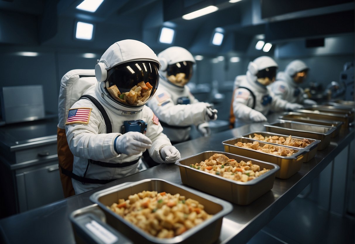 Astronauts pack food crates for space missions, navigating logistical challenges. Earthlings taste astronaut menu in a lab setting