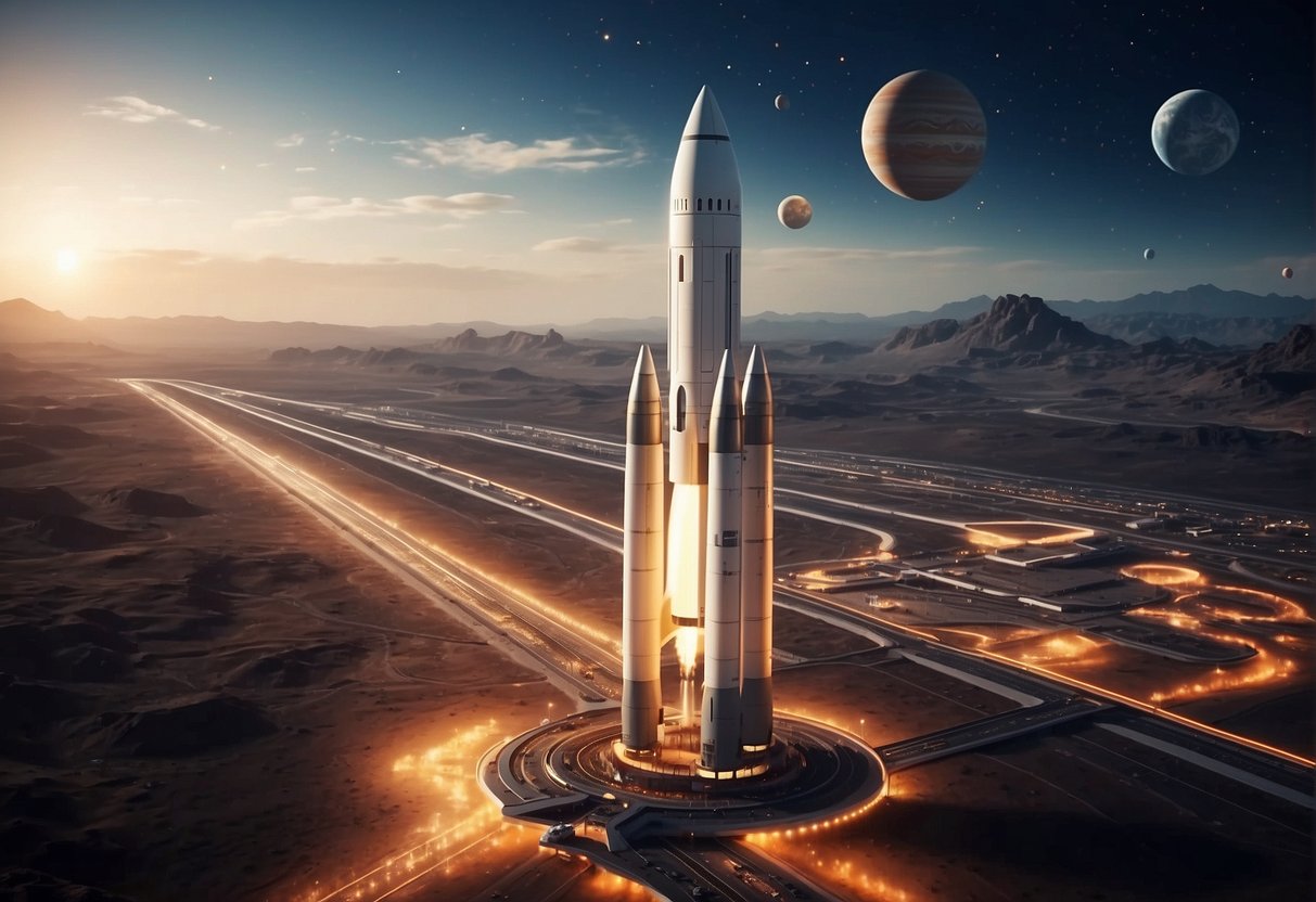 A rocket launches from a futuristic spaceport, with planets and stars in the background. The spacecraft is sleek and modern, with advanced propulsion systems and sleek design