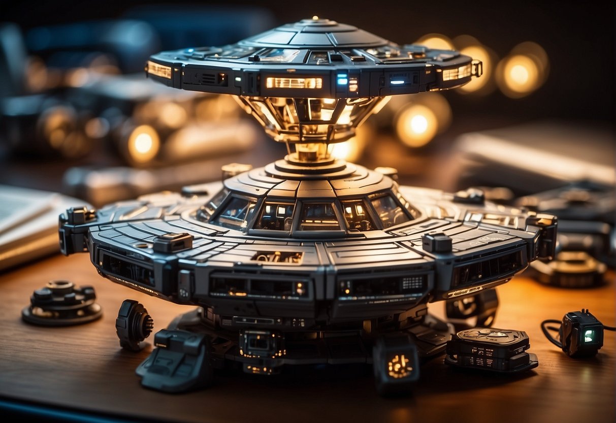 A table covered in spacecraft model kits, tools, and reference images. A bright light overhead illuminates the detailed pieces and instruction manuals