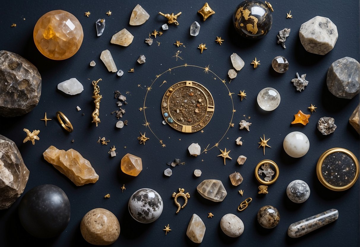 A jeweler's workbench with celestial maps, meteorite samples, and moon rock fragments, surrounded by sketches of space-themed jewelry designs