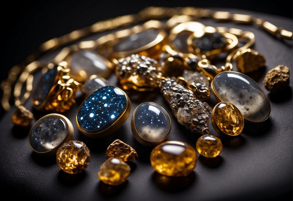 A display of lunar-inspired jewelry, featuring moon rocks and meteorites, glistens under soft lighting, evoking a sense of celestial beauty and mystery