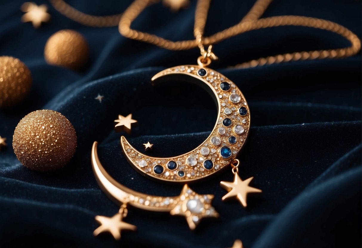 A dark sky filled with twinkling stars, a crescent moon hanging low, and shimmering pieces of space-themed jewelry scattered across a velvet backdrop