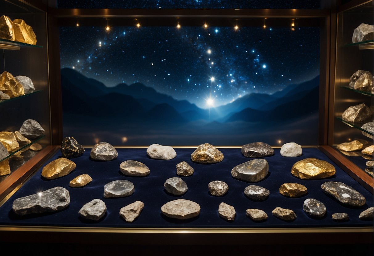 Shimmering meteorite and moon rock jewelry displayed on a velvet-lined display case, with twinkling stars and galaxies in the background