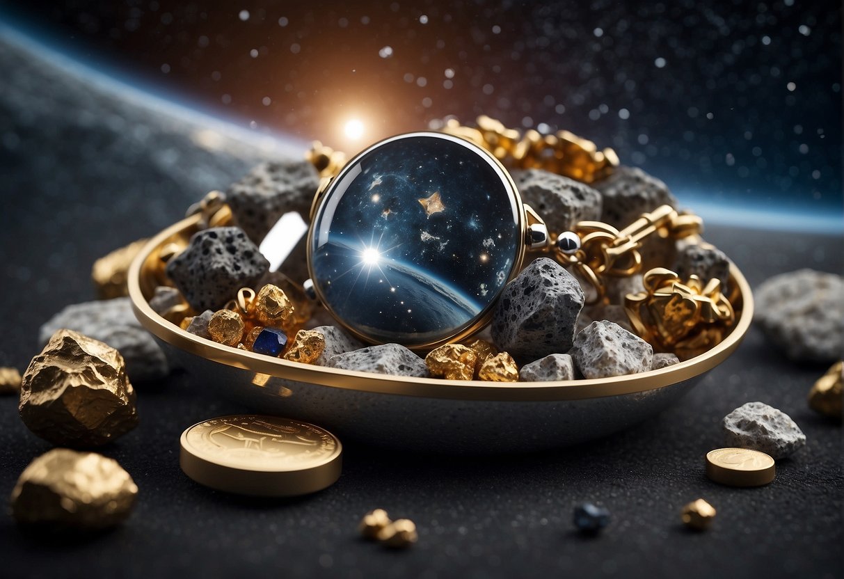 A display of space-themed jewelry, featuring moon rocks and meteorites, set against a backdrop of galactic fashion trends