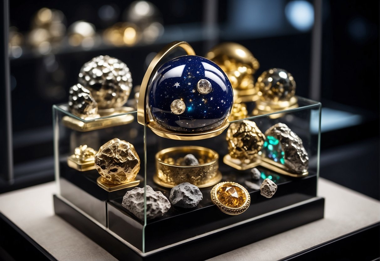 A collection of space-themed jewelry, featuring moon rocks and meteorites, displayed on a sleek, modern display case. The jewelry pieces are intricately designed and gleam under the soft lighting