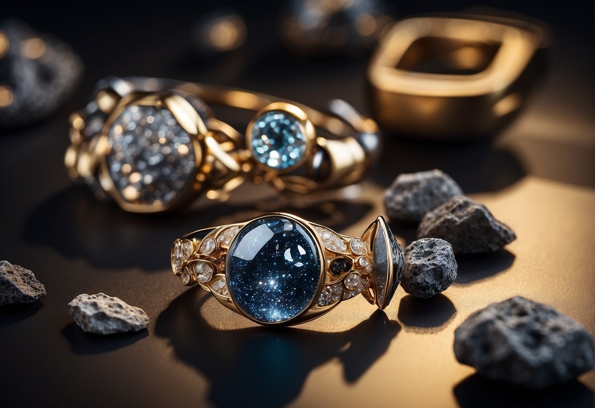 Space-themed jewelry displayed with moon rocks and meteorites, capturing the rise of this trend in a futuristic and celestial setting