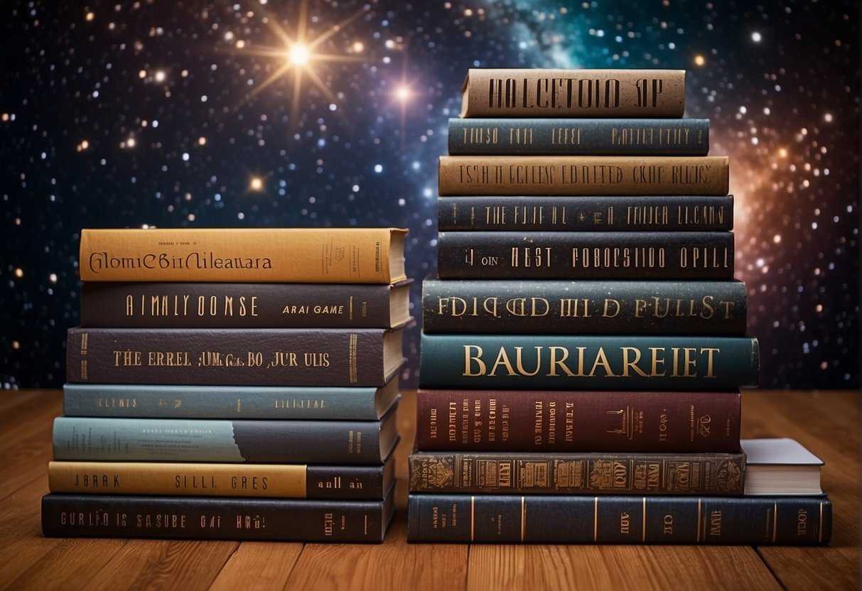 A stack of books labeled "Top Space-Focused Books by Genre" with a background of stars and galaxies, showcasing the best reads for space enthusiasts