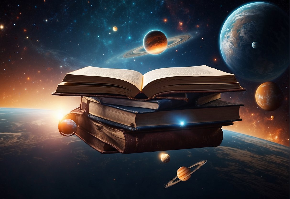 Books about space float in a galaxy of stars, with planets and asteroids scattered around. A spaceship cruises through the scene, surrounded by swirling galaxies and distant nebulas