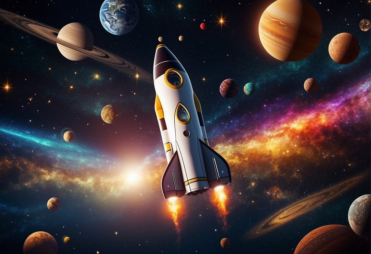 A rocket ship soars through a colorful galaxy, surrounded by twinkling stars and planets of various sizes. The scene exudes a sense of wonder and adventure, drawing the viewer into the vastness of space