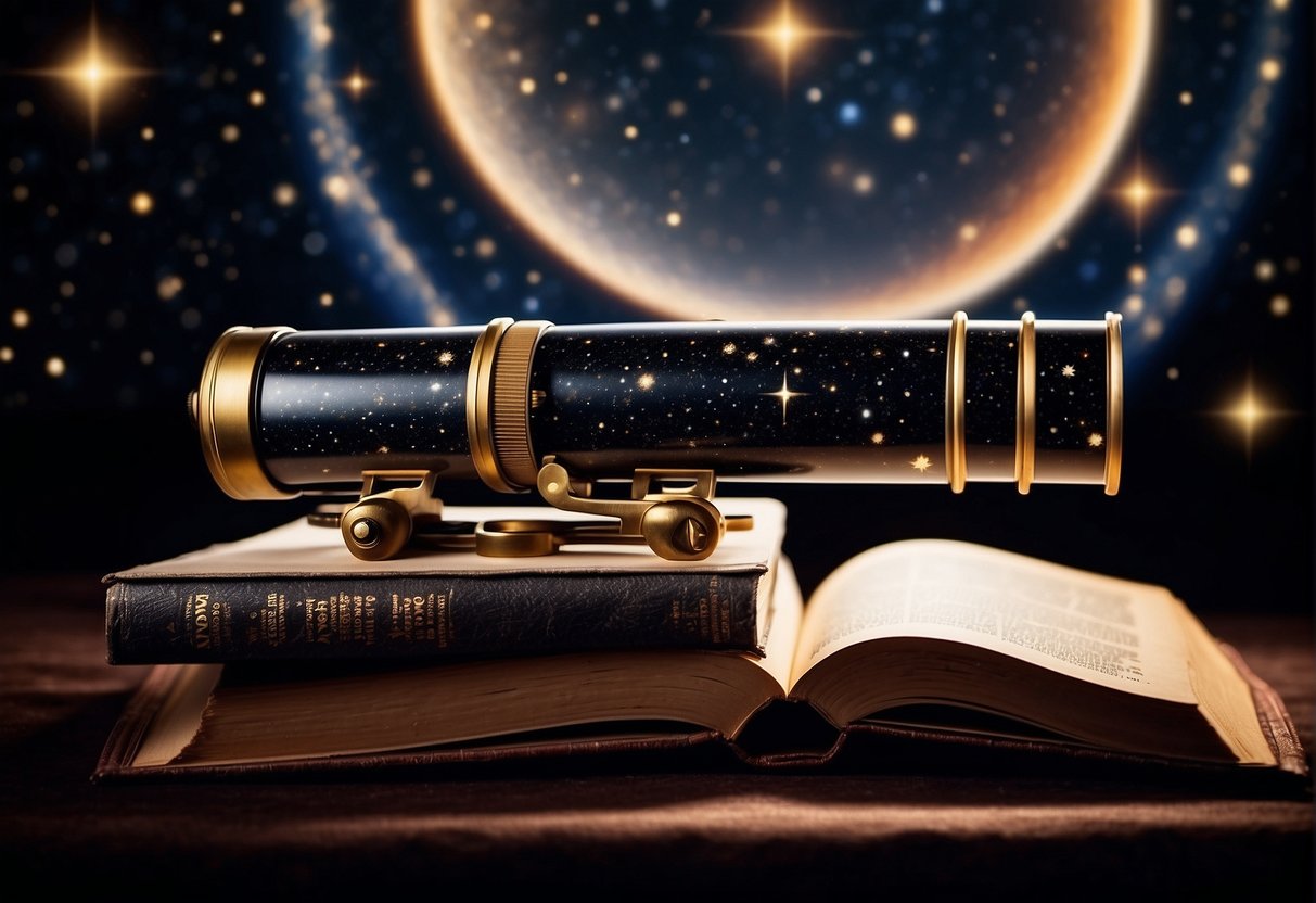 A telescope points towards the night sky, revealing distant stars and galaxies. A stack of astronomy books sits nearby, inviting readers to explore the wonders of space