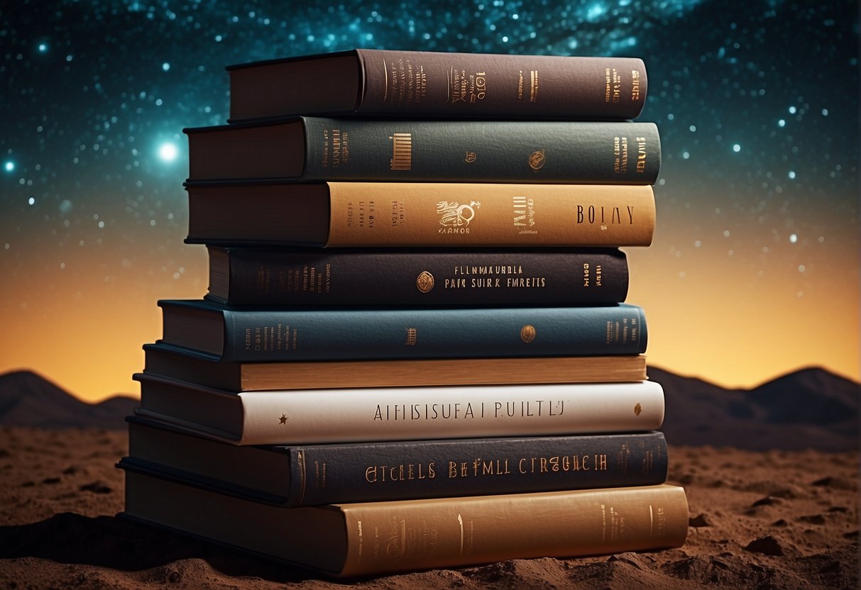 A stack of space exploration books surrounded by celestial objects and futuristic technology