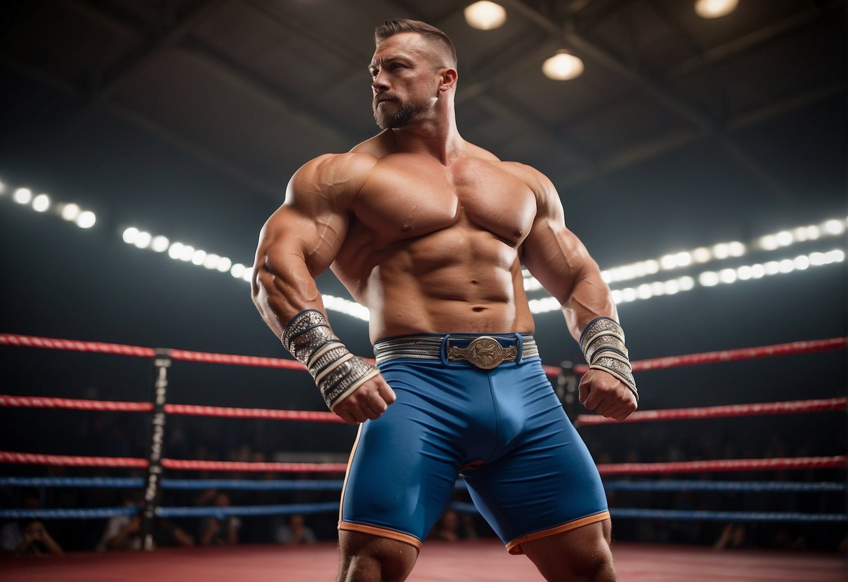 A muscular figure in a wrestling stance, flexing biceps and showing defined abs. Strong, powerful physique with broad shoulders and thick thighs