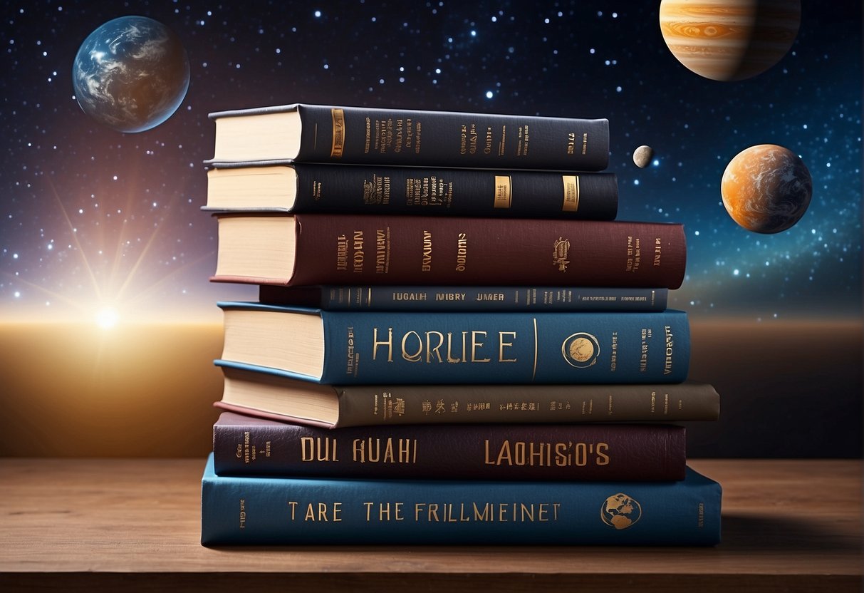 A stack of space-themed books on a celestial background, with planets, stars, and galaxies. The titles are clear and inviting, drawing the viewer in