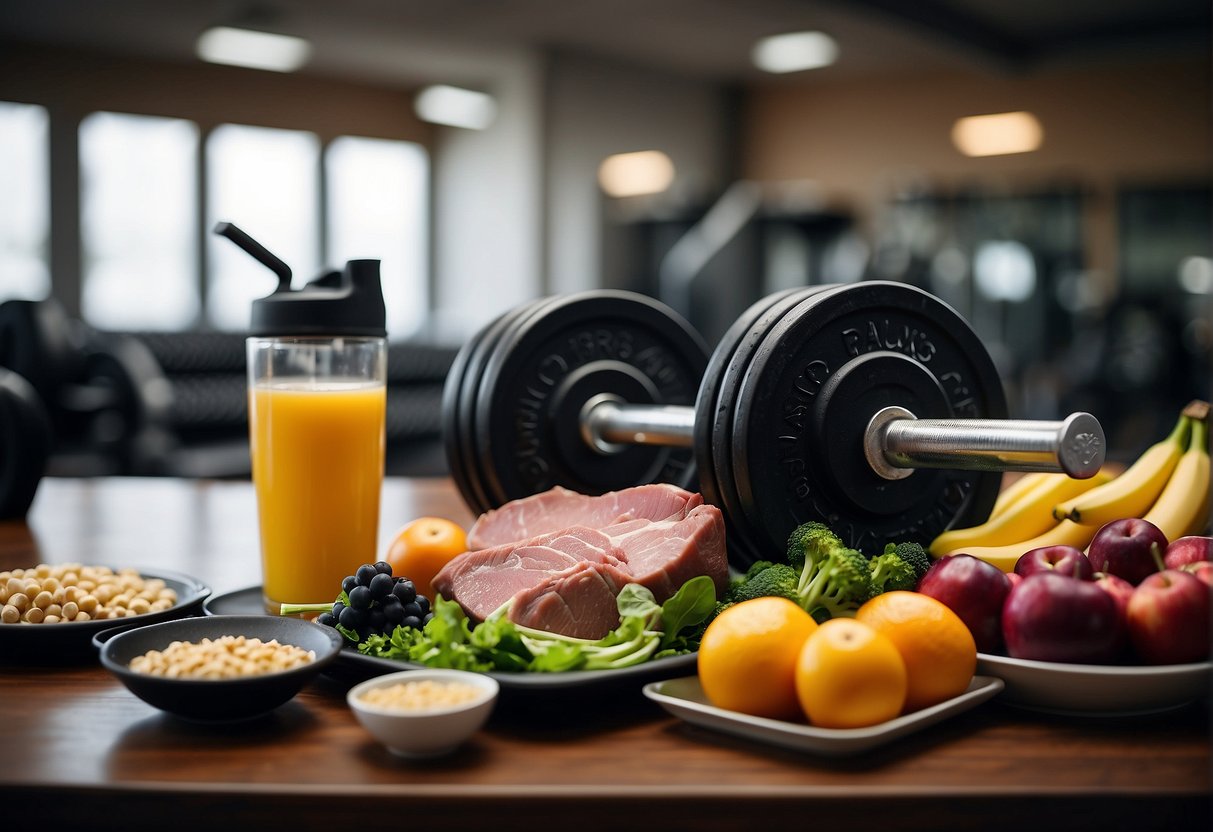 A weightlifting station with dumbbells, barbells, and resistance bands. A protein shake and a plate of lean meats, vegetables, and fruits on a nearby table