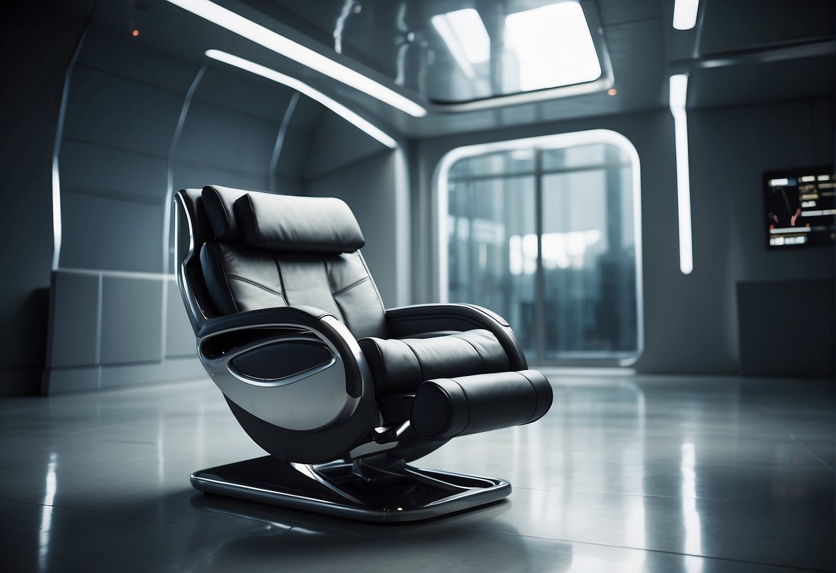 An anti-gravity chairs floats in a sleek, futuristic room. Its streamlined design and advanced technology are highlighted, evoking a sense of weightlessness and relaxation inspired by space