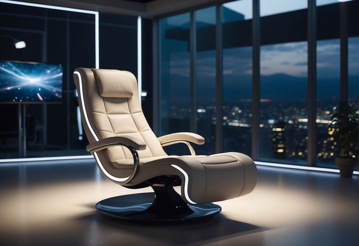 A sleek anti-gravity chair floats in a spacious, futuristic room. Soft ambient lighting highlights its ergonomic design, evoking a sense of weightlessness and tranquility