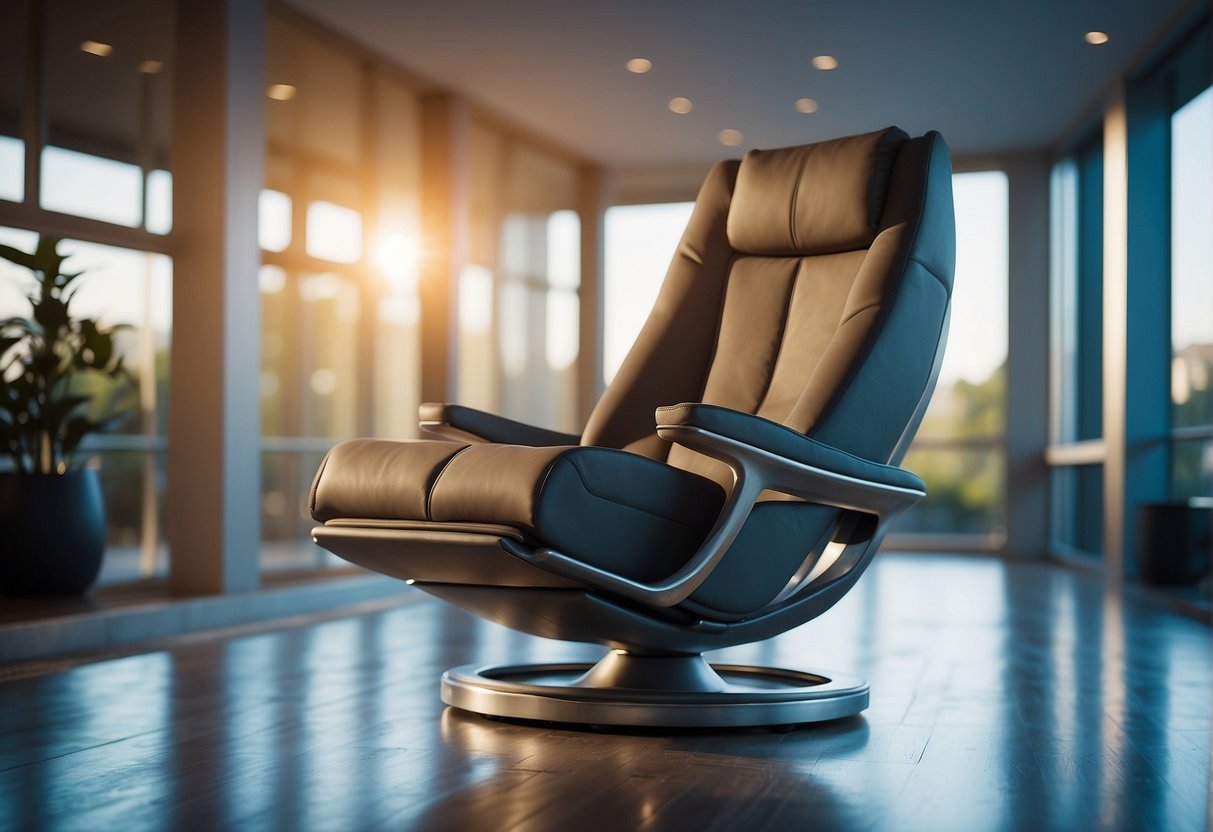 An anti-gravity chair floats in a serene space, surrounded by calming colors and soft lighting. The chair's sleek design and advanced technology exude a sense of relaxation and wellness