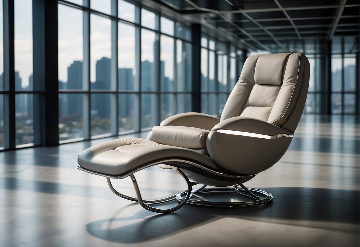 An anti-gravity chair floats in a sleek, modern space. Its ergonomic design is highlighted, showcasing its comfort and futuristic technology