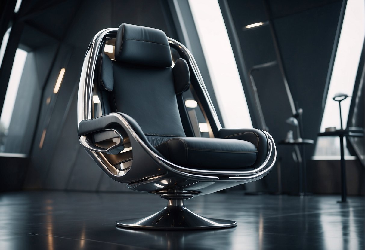 A sleek, futuristic chair hovers effortlessly above the ground, with a sleek, metallic frame and ergonomic design. It exudes a sense of weightlessness and relaxation, inspired by space technology