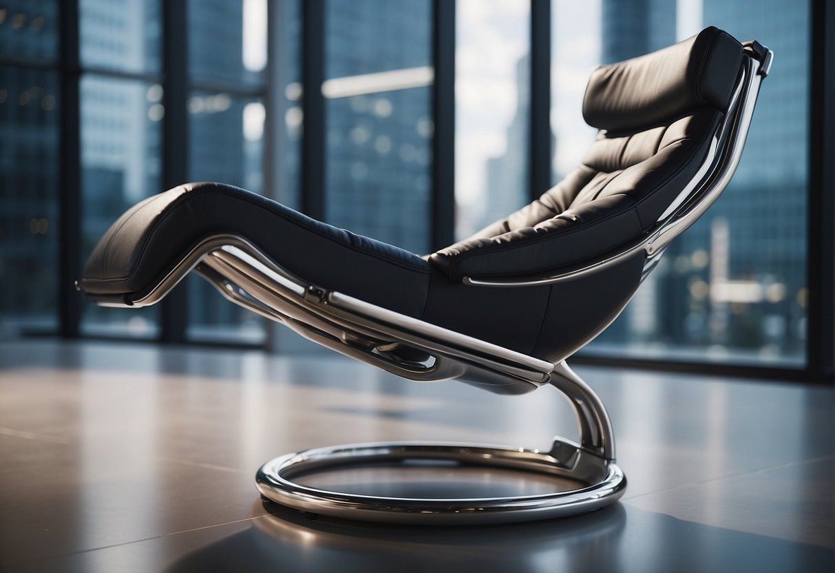 An anti-gravity chair suspended in mid-air, showcasing its sleek design and advanced technology. The chair exudes relaxation and comfort, with a futuristic and space-inspired aesthetic