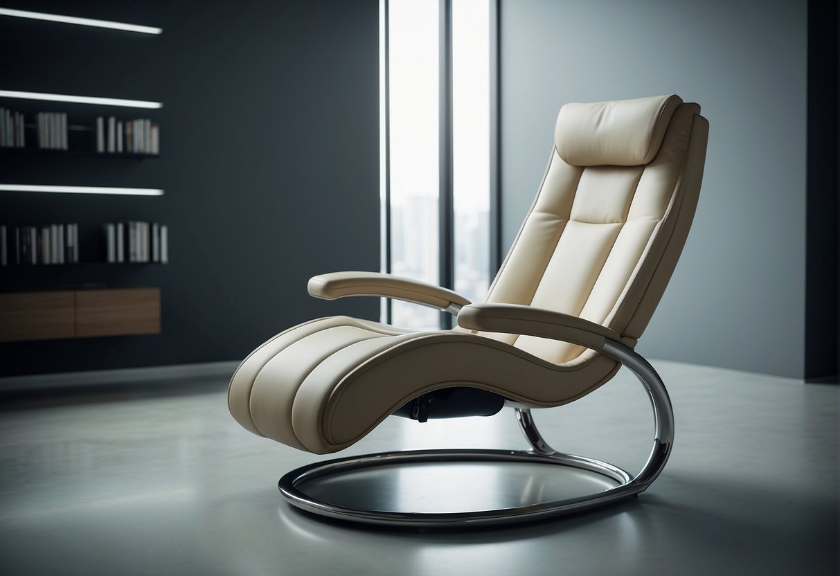 A sleek anti-gravity chair floats effortlessly in a modern, minimalist room. The chair's design is futuristic, with smooth lines and a weightless appearance, evoking a sense of relaxation and innovation