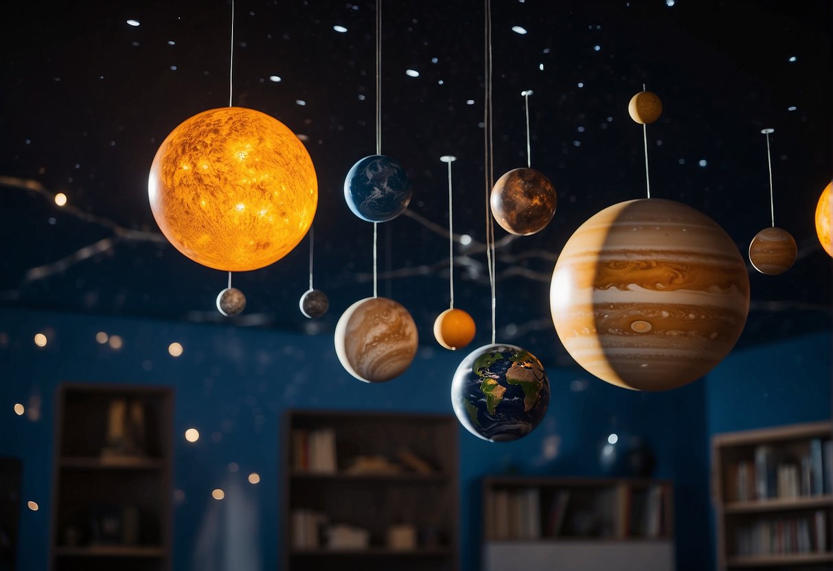 A solar system mobile hangs from the ceiling, with planets and moons in accurate sizes and colors. Educational posters and decor adorn the walls, depicting the universe's wonders