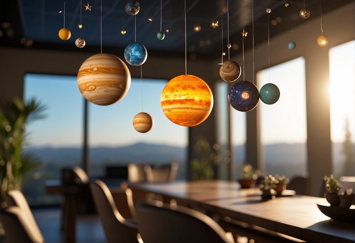 A solar system mobile hanging from the ceiling, with accurately scaled and colored planets and moons orbiting around a central sun