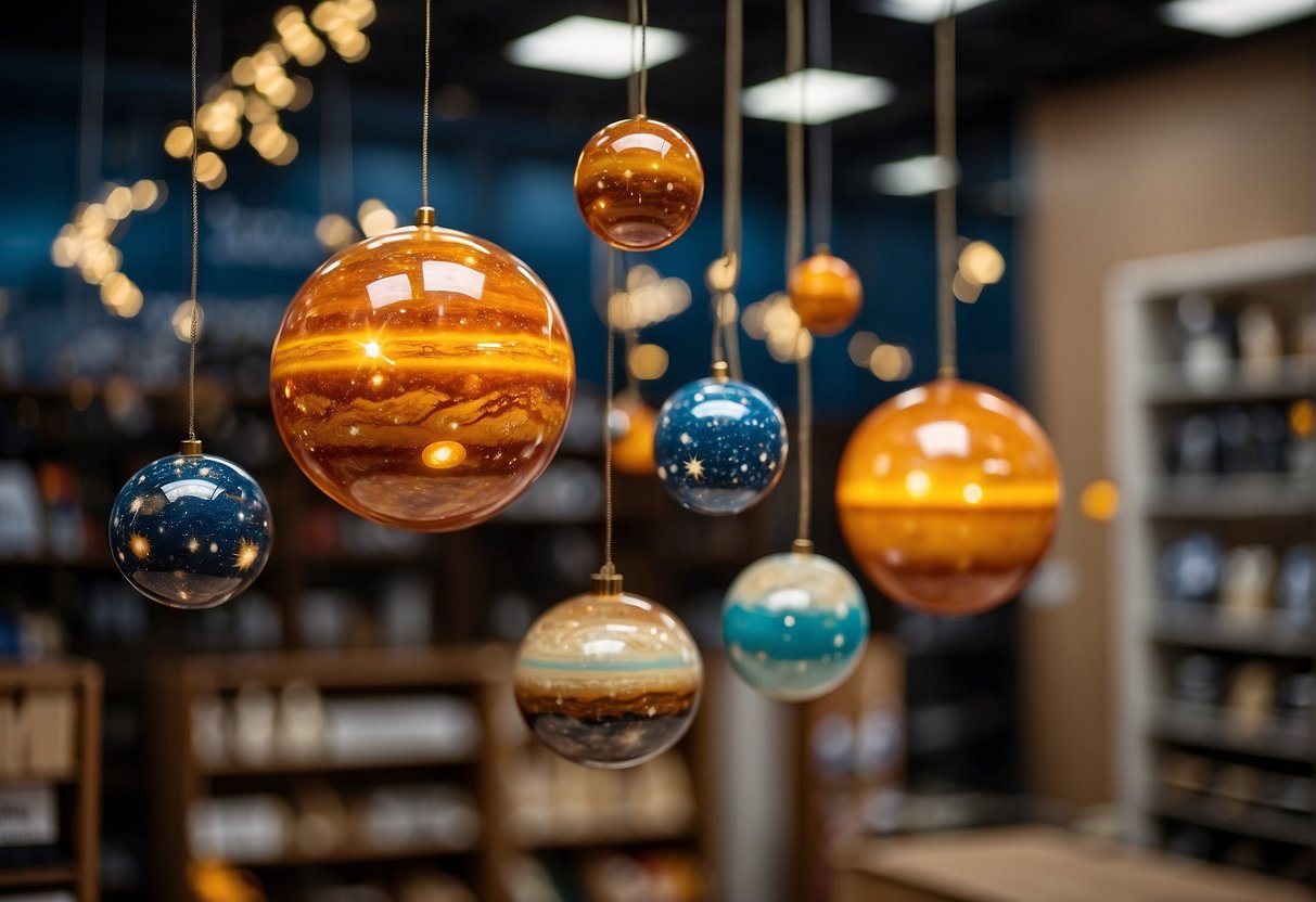 A display of colorful solar system mobiles and educational decor in a well-lit store or classroom setting