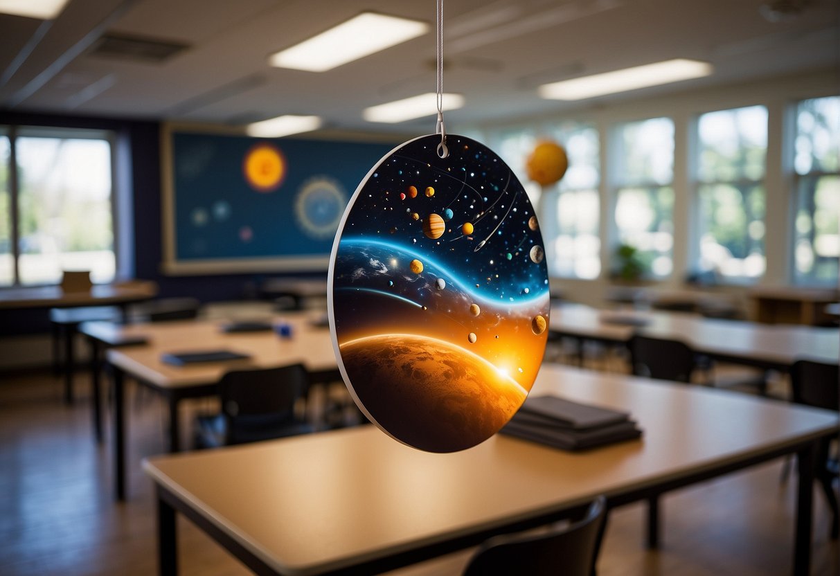 A solar system mobile hangs in a classroom, surrounded by educational decor. A customer service representative helps ship out orders