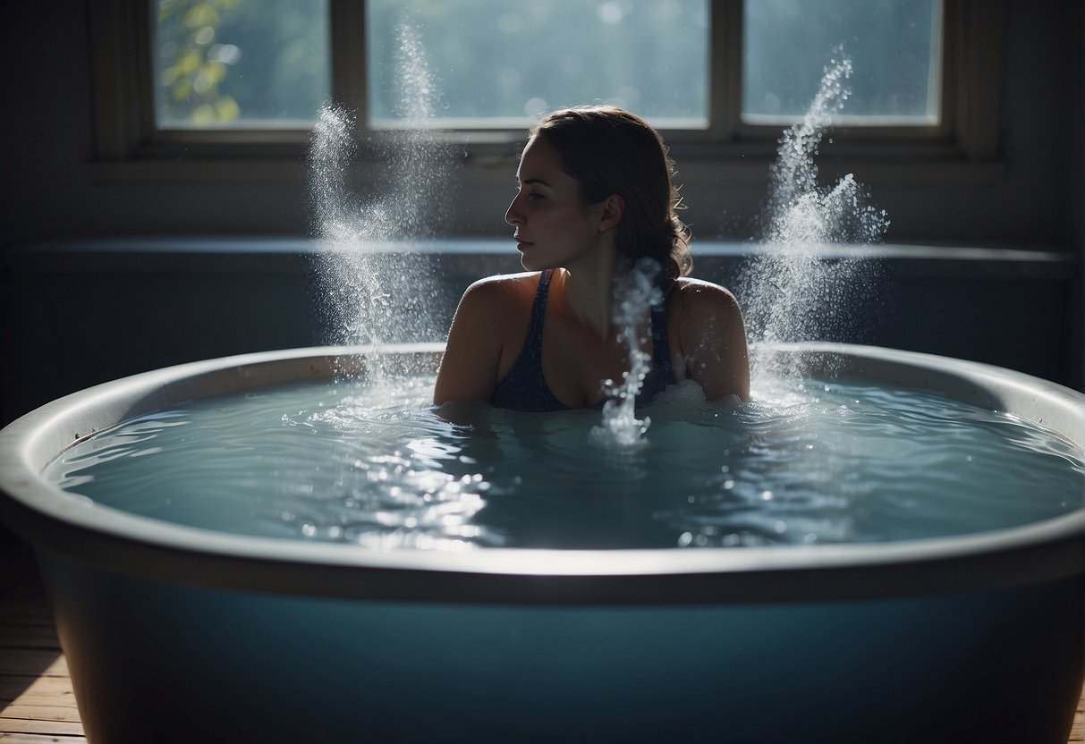 A person immerses into a tub filled with ice and water, steam rising from the surface. The surrounding area is serene and peaceful, with a sense of calm and relaxation