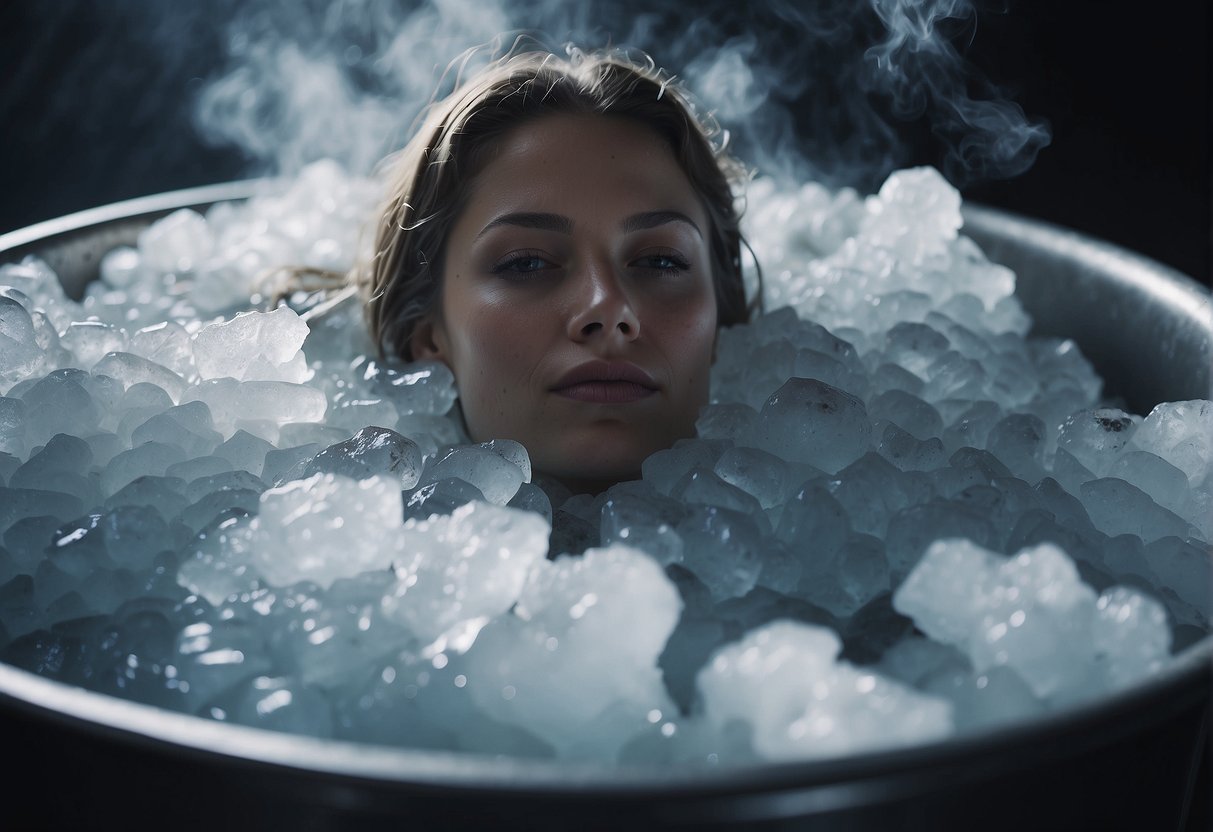 A person submerged in a tub of ice water, surrounded by steam, with a thermometer nearby showing a low temperature