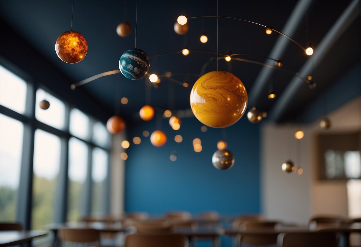 A solar system mobile hangs from the ceiling, with accurately sized and colored planets orbiting around a glowing sun in a darkened classroom