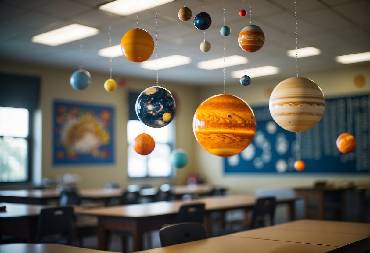 A colorful solar system mobile hangs above a classroom, surrounded by educational decor depicting planets and their orbits