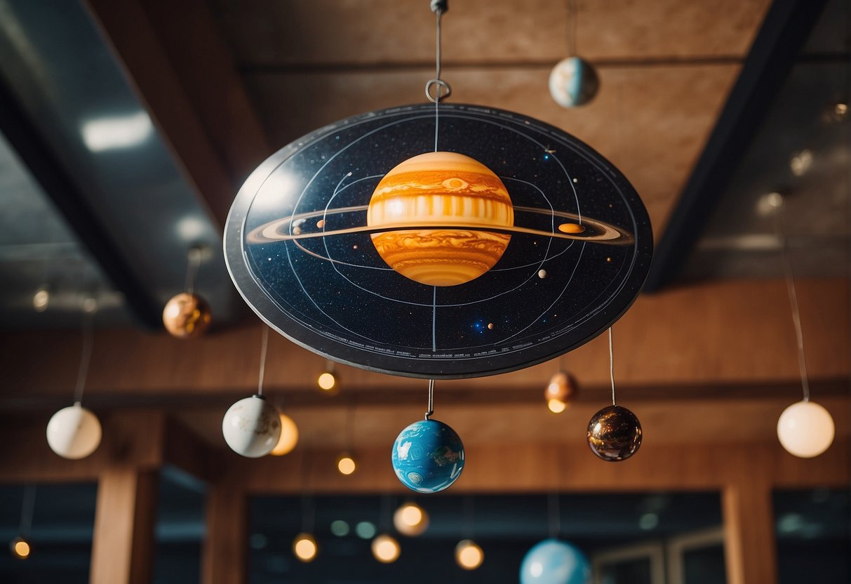 A solar system mobile hangs from the ceiling, displaying the planets in their orbits. Educational posters and decor surround the display