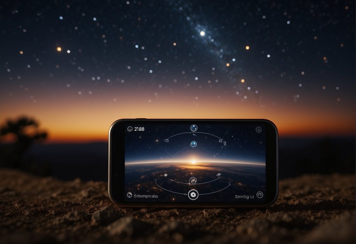 A clear night sky with stars and planets visible, with a satellite passing overhead. A smartphone displaying satellite tracking apps in the foreground