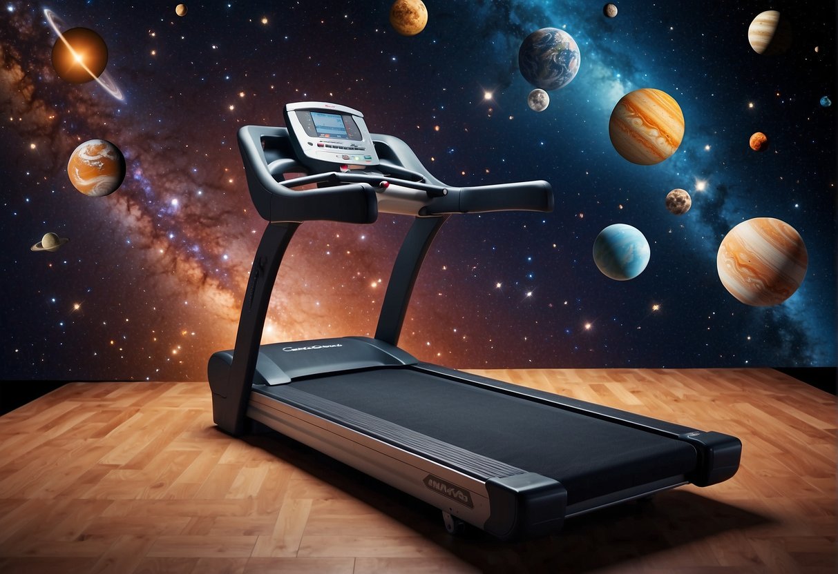 A treadmill floating in a galaxy, with planets and stars surrounding it. A dumbbell shaped like a comet, and a yoga mat with a cosmic design