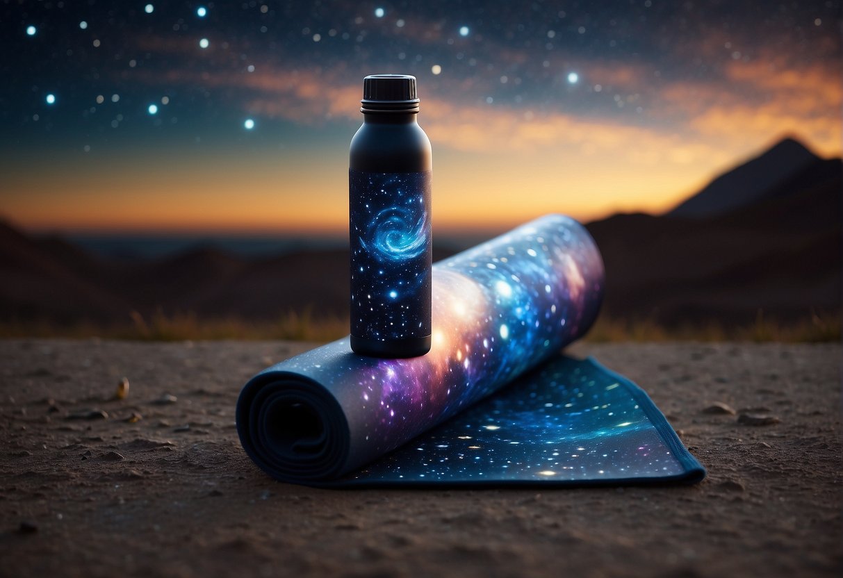 A galaxy-themed yoga mat and matching water bottle sit on a starry night background, with constellations and planets twinkling in the distance