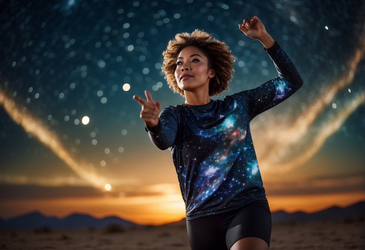 A person wearing space-themed fitness gear, surrounded by cosmic imagery, exercising under a starry sky