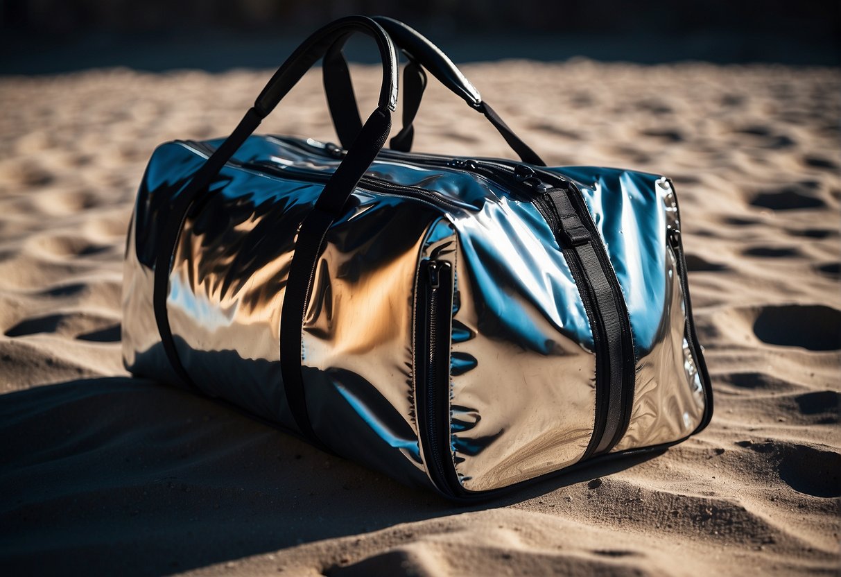 A sleek, metallic gym bag sits open on a lunar surface, revealing space-themed workout gear and futuristic fitness accessories. A holographic image of the cosmos is projected above, inspiring motivation for an out-of-this-world workout