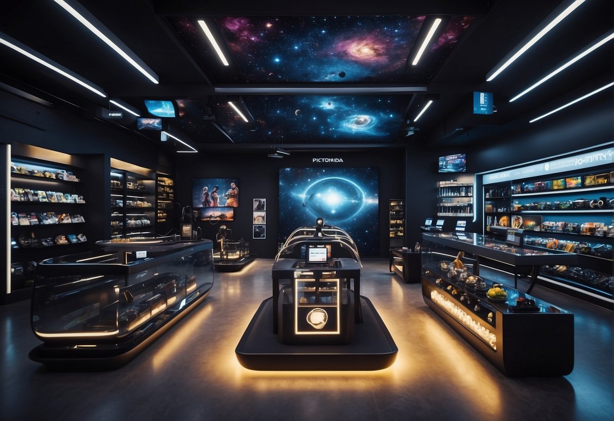 A futuristic fitness store with cosmic-themed merchandise displayed under bright lights, surrounded by galactic imagery and motivational quotes